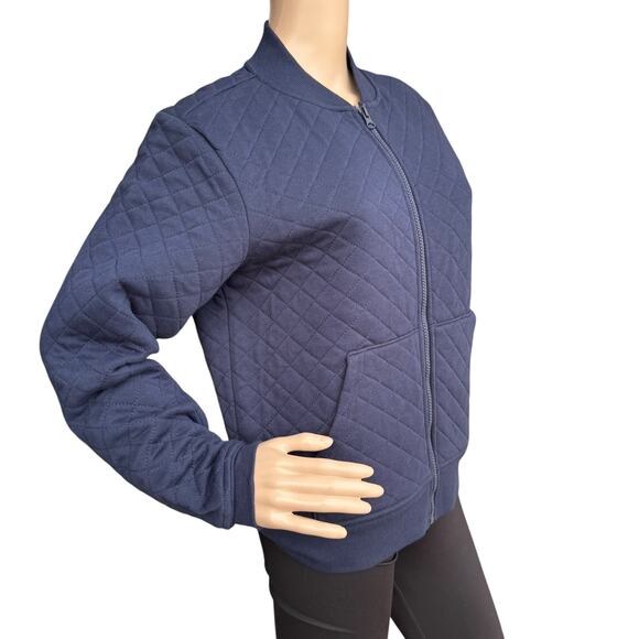 Athletic Works S Navy Blue Quilted Bomber Jacket Full Zip Ribbed Activewear Coat - Picture 6 of 6